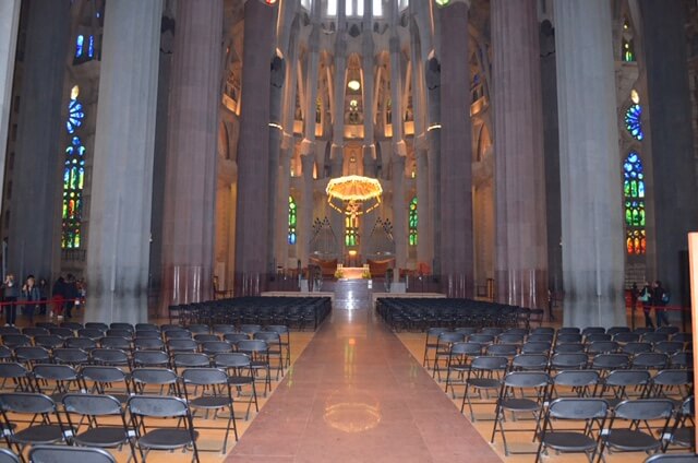 Inside the beautiful Sagrada Familia cathedral in the port city Barcelona, Spain