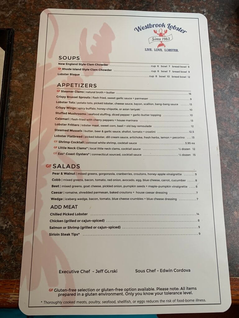 Westbrook Lobster Restaurant CT menu