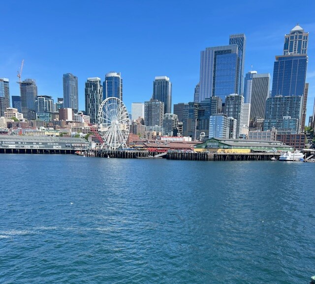 Seattle skyline from ferry deck in Puget Sound WA