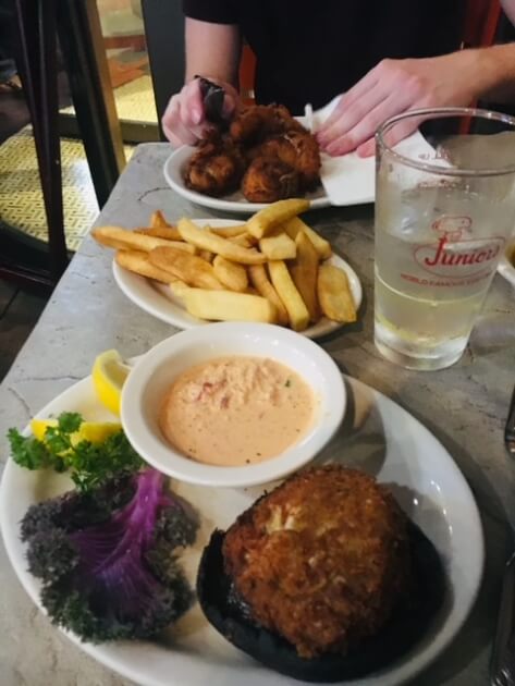 chicken, fries and portabello mushroom dinner at Junior's Restaurant NYC