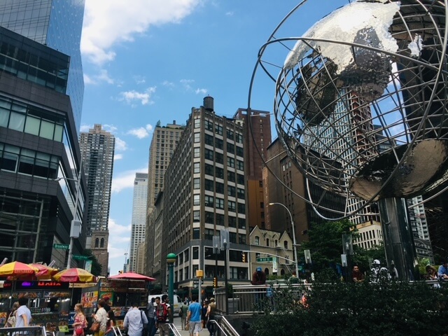 Steel sculpture of a globe in Upper Manhattan NYC